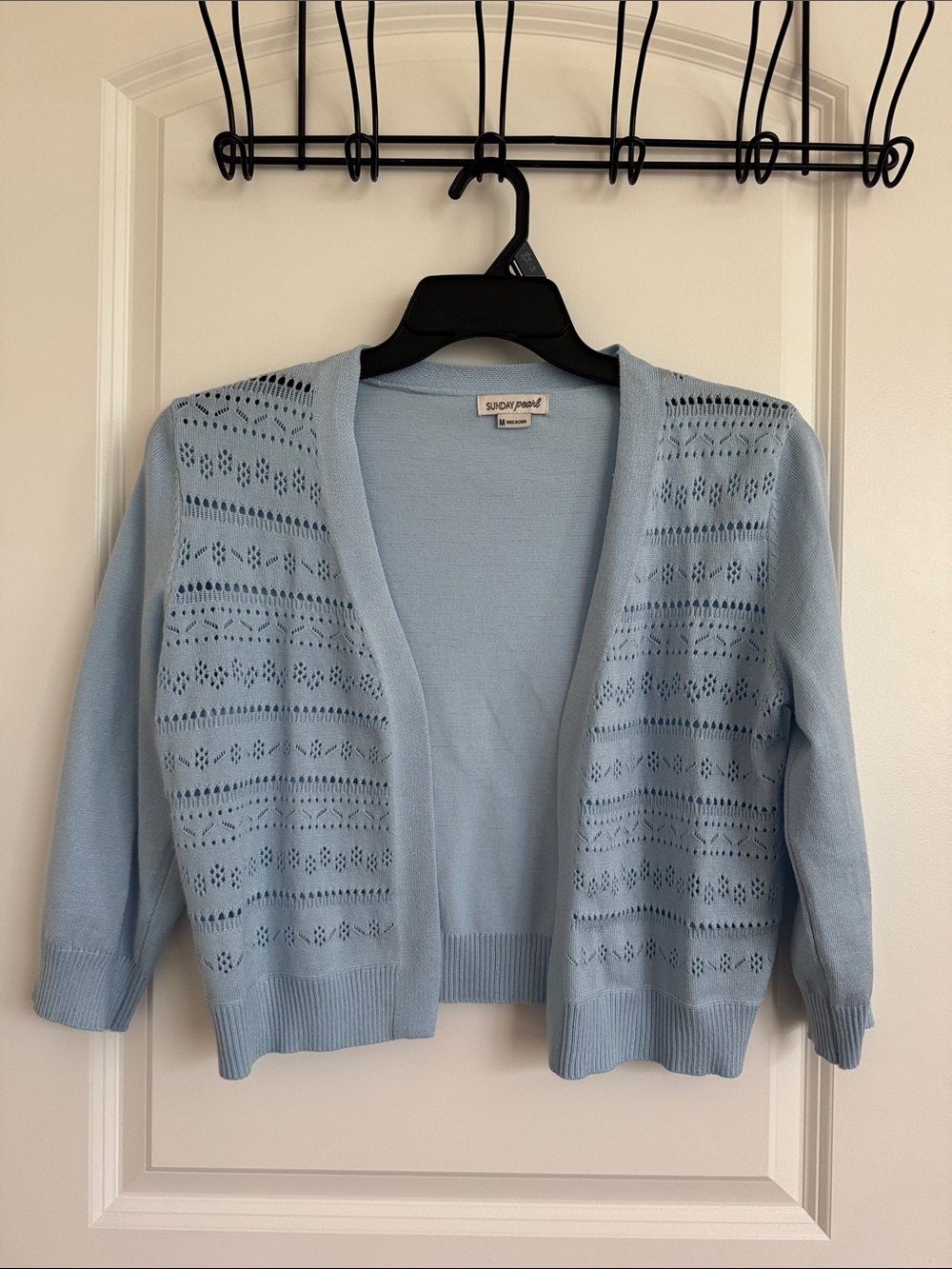 Baby Blue Open-Front Eyelet Knit Cardigan